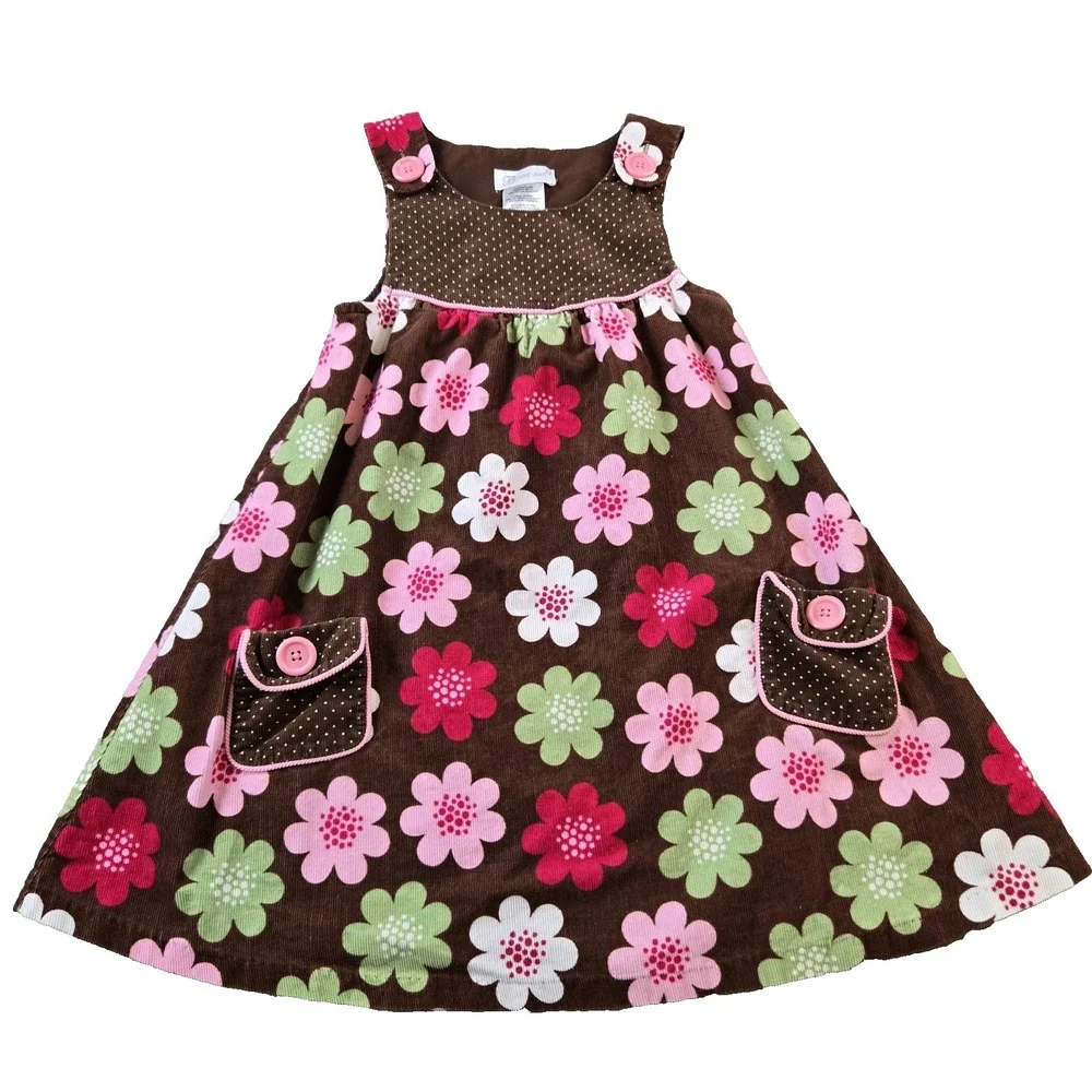 Bonnie Jean Girls Floral Corduroy Jumper Dress Pockets 100% Cotton Size 6